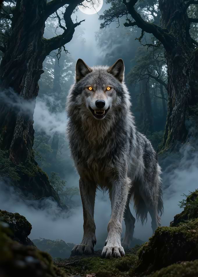 Menacing Wolf in Misty Forest