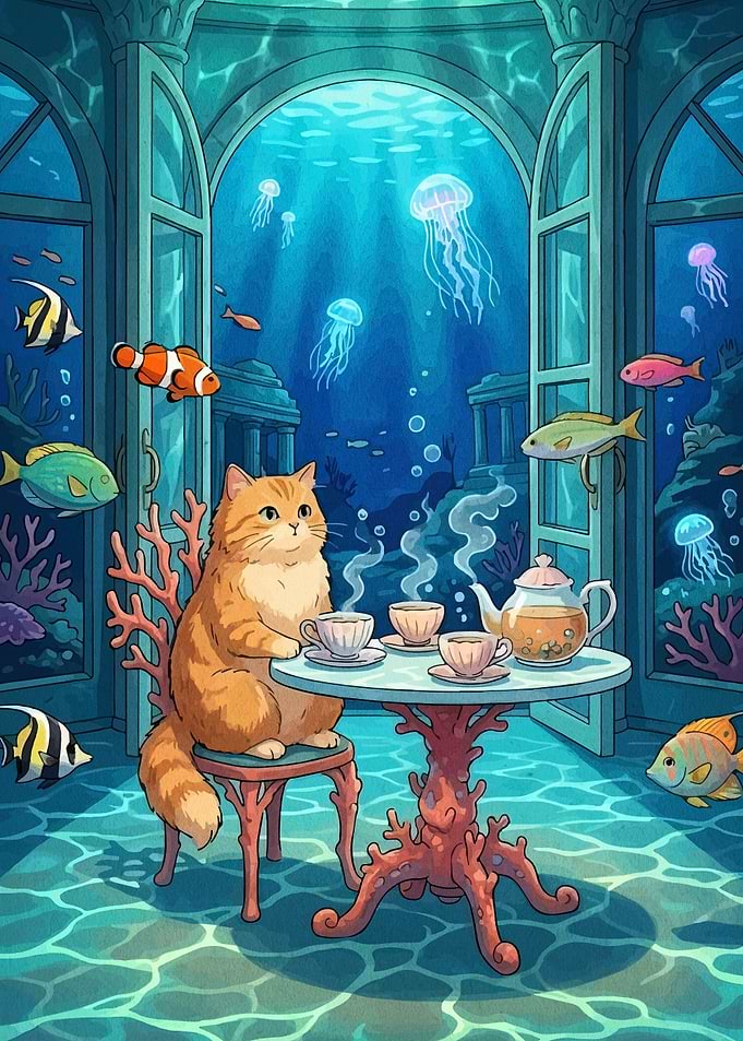 Cat having tea underwater