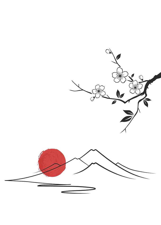 Japanese Cherry Blossom and Mountain Landscape