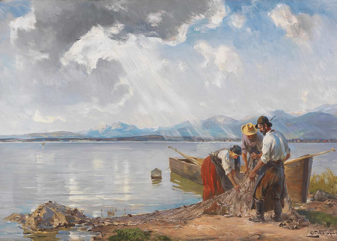 Fishermen with Net by the Lake