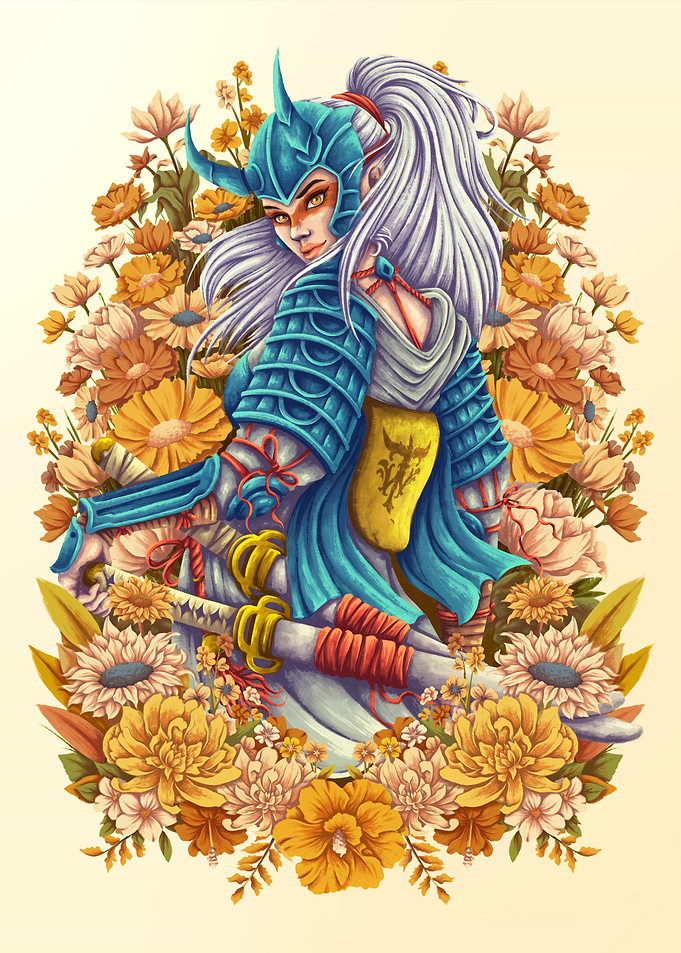 Samurai Warrior Surrounded by Flowers