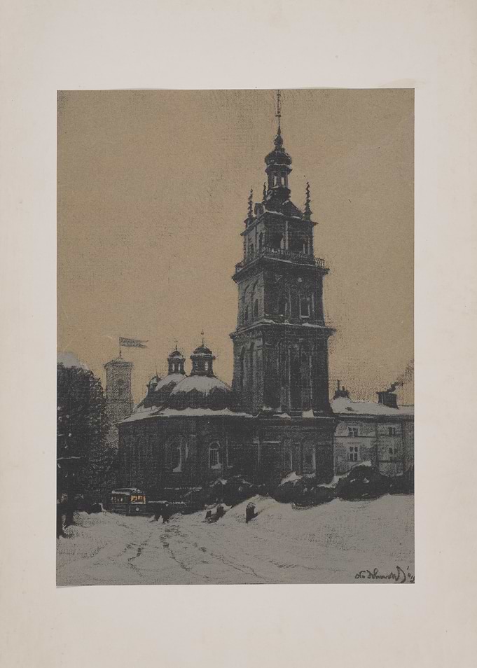 Winter Scene with Church Tower and Tram