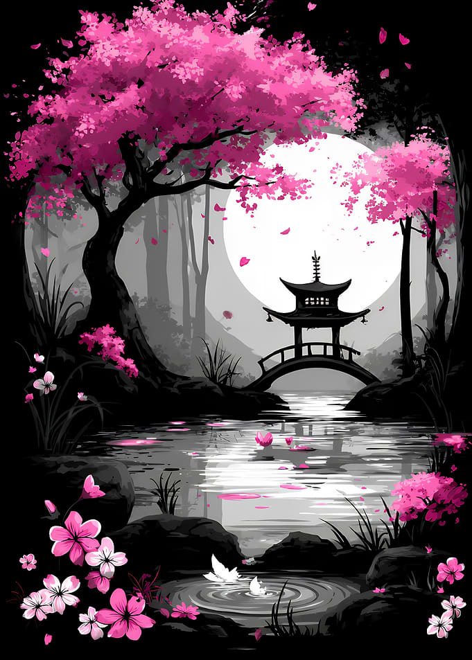 Japanese Garden with Cherry Blossoms