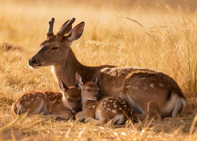Deer family resting in golden grass