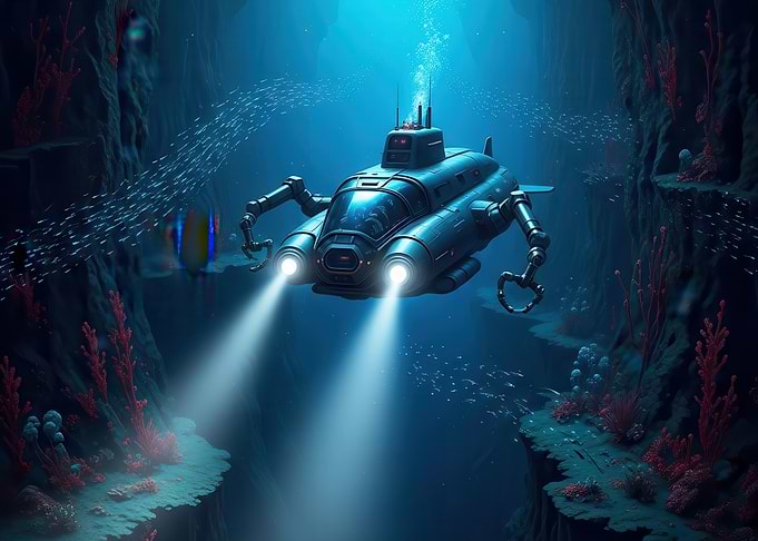 Submarine exploring deep ocean