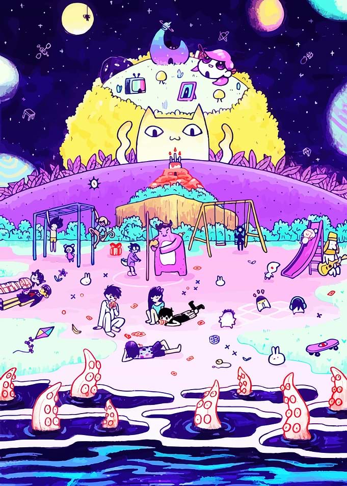Surreal Playground with Tentacles and Cat