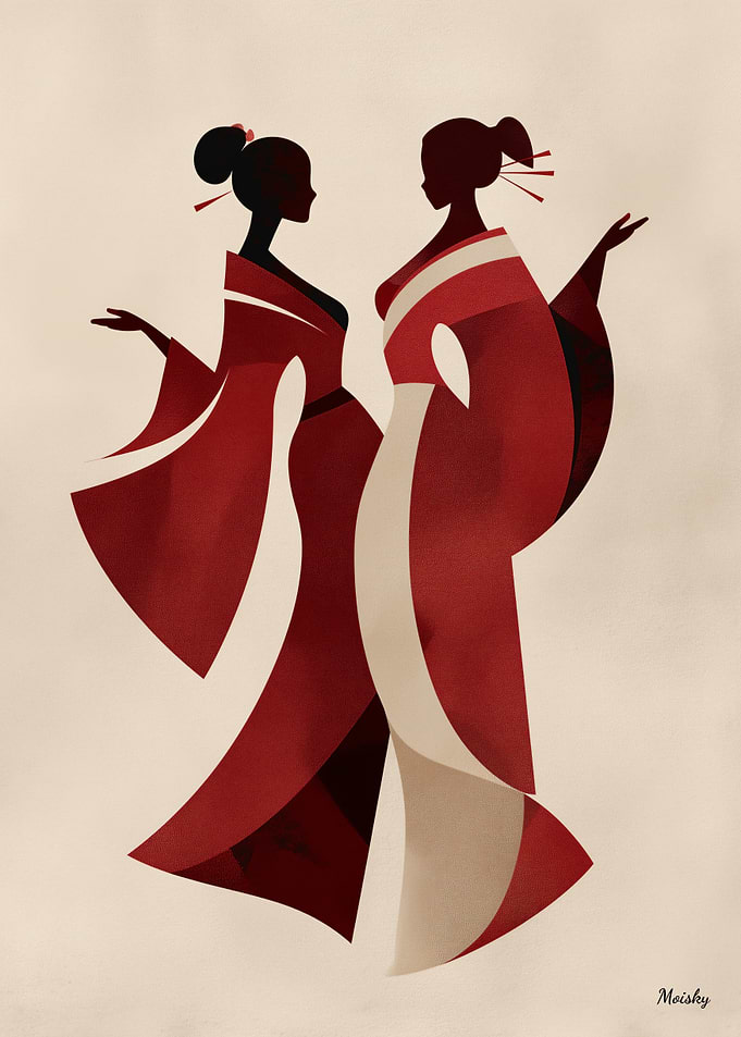 Elegant Geisha Couple Minimal Japanese Art