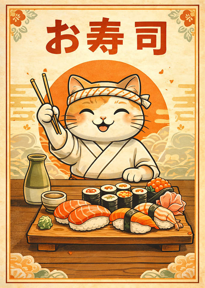 Cute Cat Chef Serving Sushi