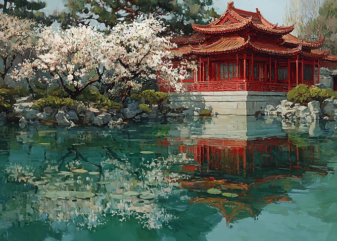 Tranquil Asian Garden Pavilion Reflection