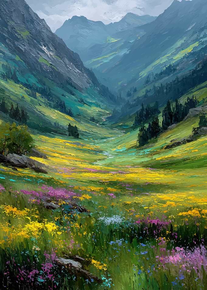 Vibrant Mountain Valley Landscape Painting