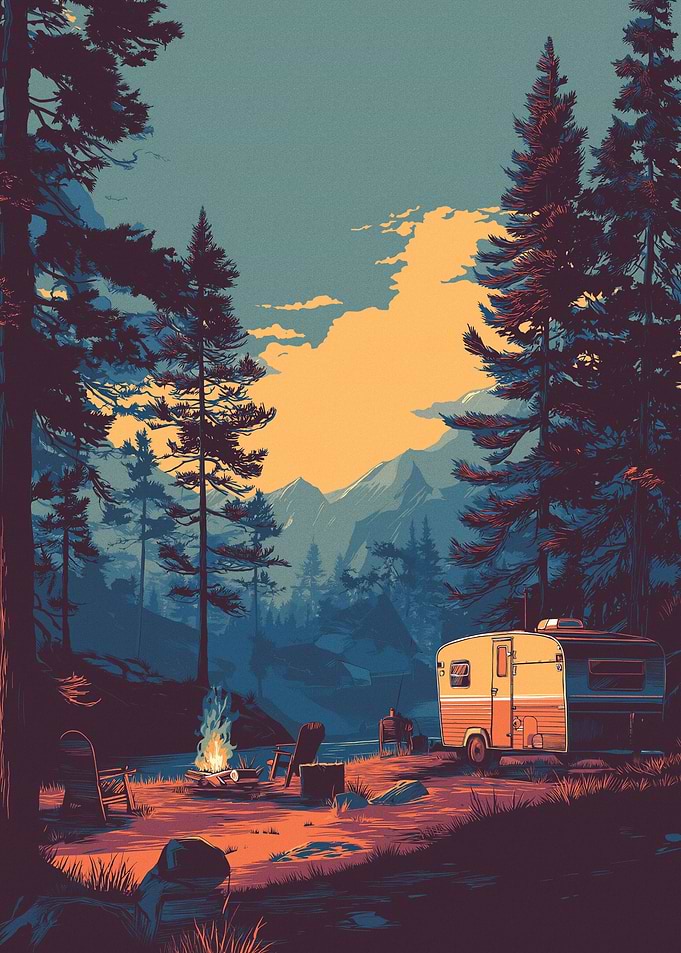 Retro Camper Scene in Forest