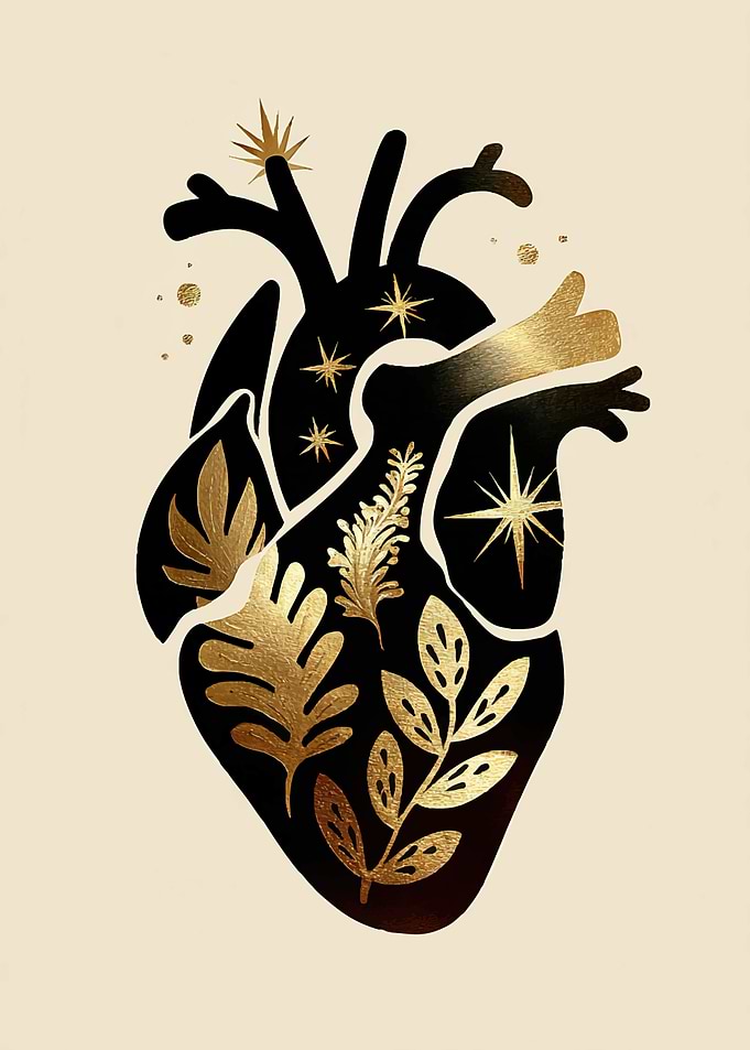 Anatomical Heart with Gold Botanicals