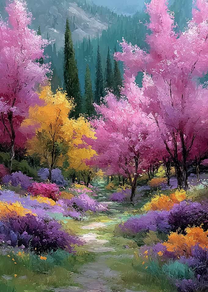 Vibrant Spring Path with Blooming Trees