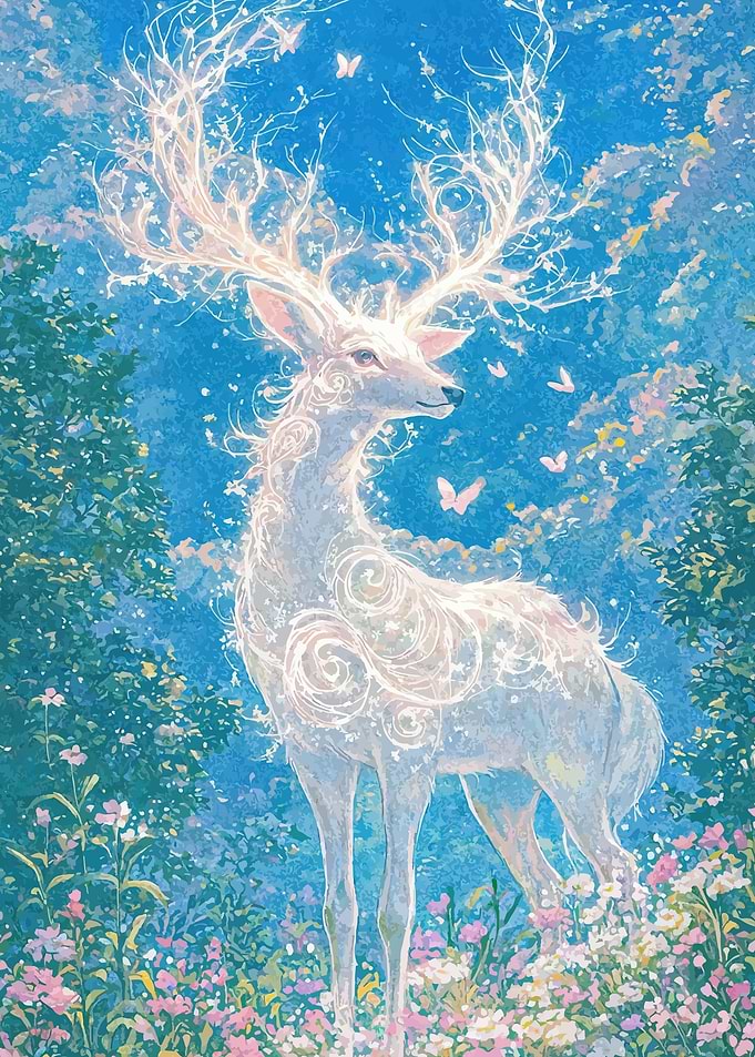 Enchanted White Stag in Floral Meadow