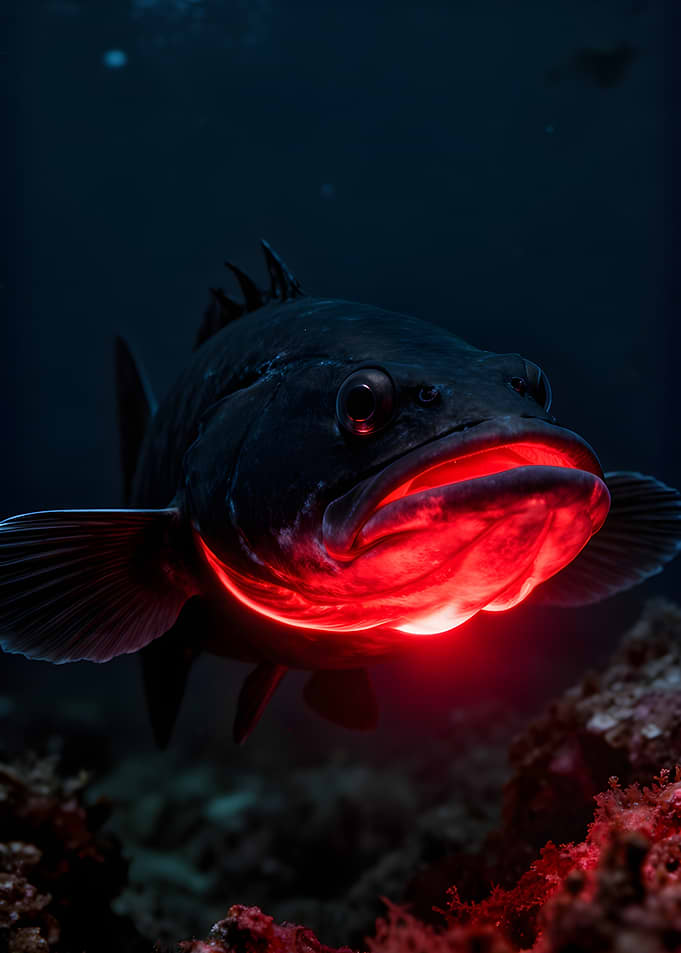 Fish with glowing red mouth underwater