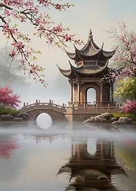 Tranquil Japanese Garden with Pagoda and Cherry Blossoms