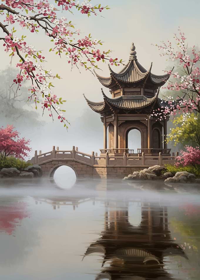 Tranquil Japanese Garden with Pagoda and Cherry Blossoms