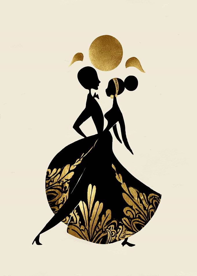 Elegant Couple Dancing with Gold Accents