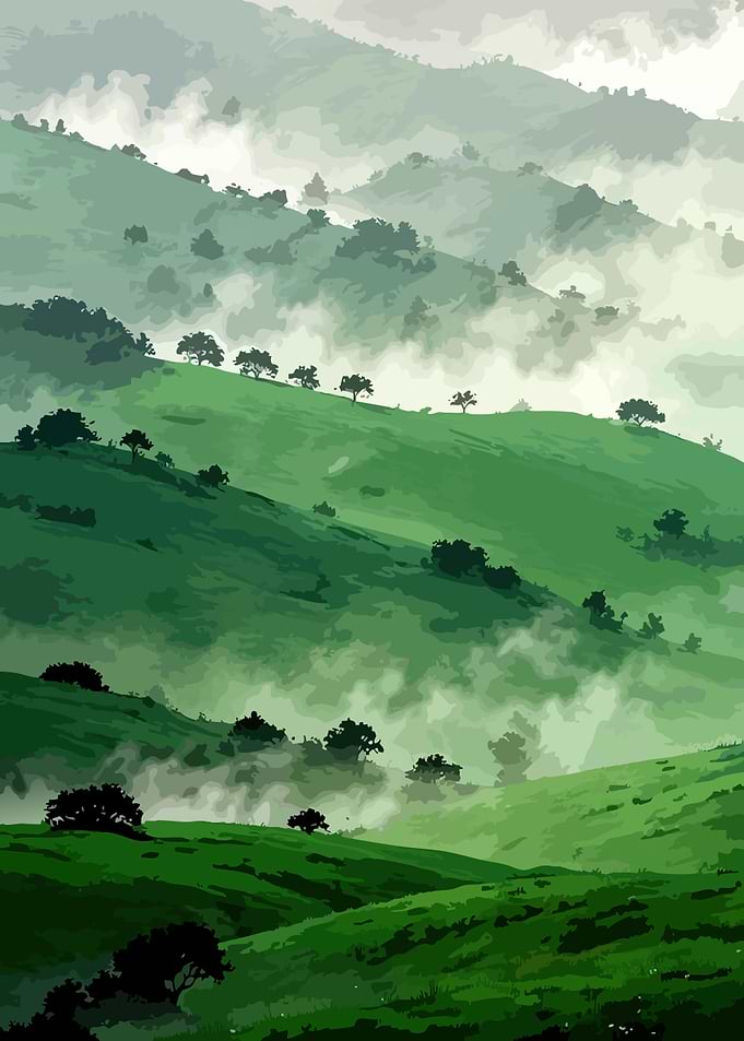 Misty Green Hills with Trees
