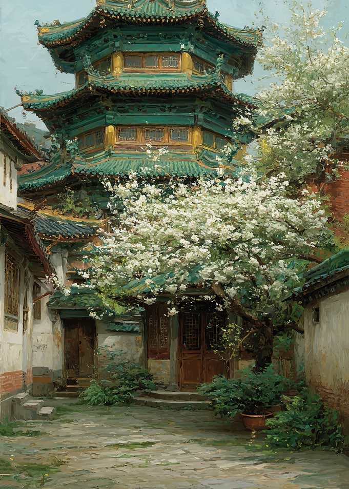 Pagoda Courtyard with Blooming Tree
