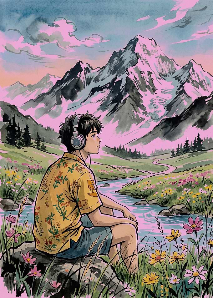 Young man listening to music in nature