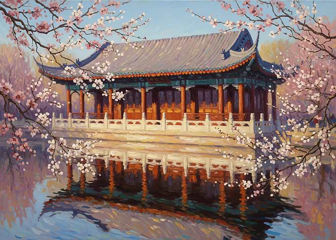 Pagoda by Cherry Blossoms Reflected in Water