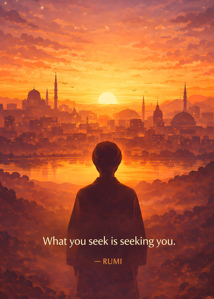 Rumi quote over a cityscape at sunset
