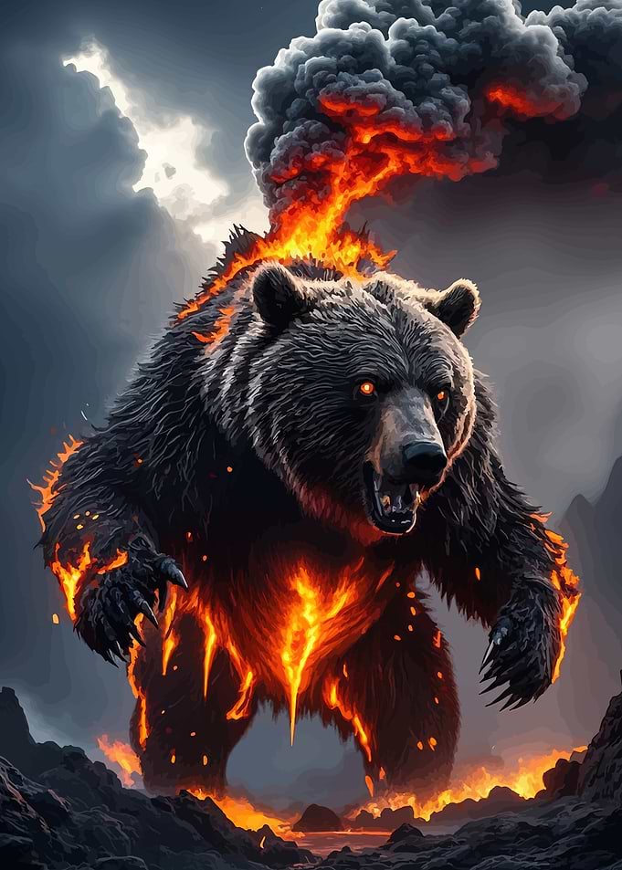 Fiery Bear Emerging from Smoke