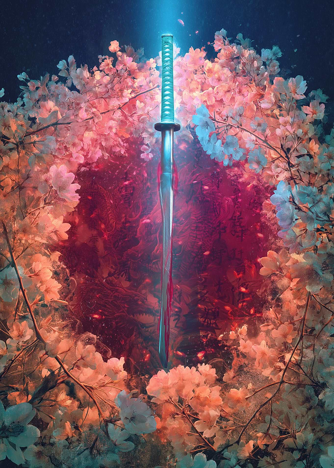Samurai Sword Amidst Cherry Blossoms