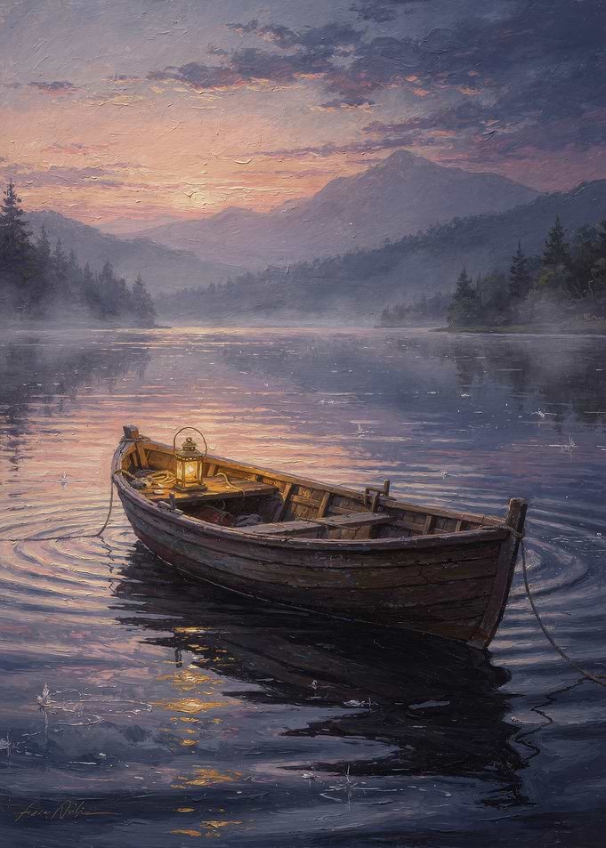 Tranquil Lake at Sunrise with Rowboat