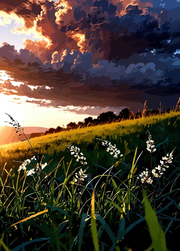 Dramatic Sunset Over Grassy Hillside