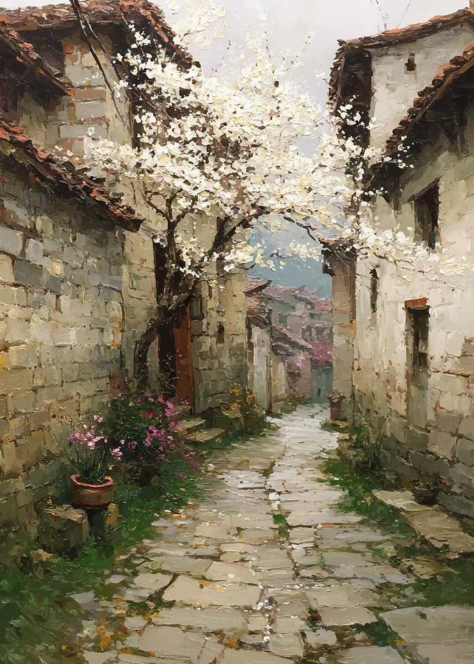 Village Alley with Blooming Tree