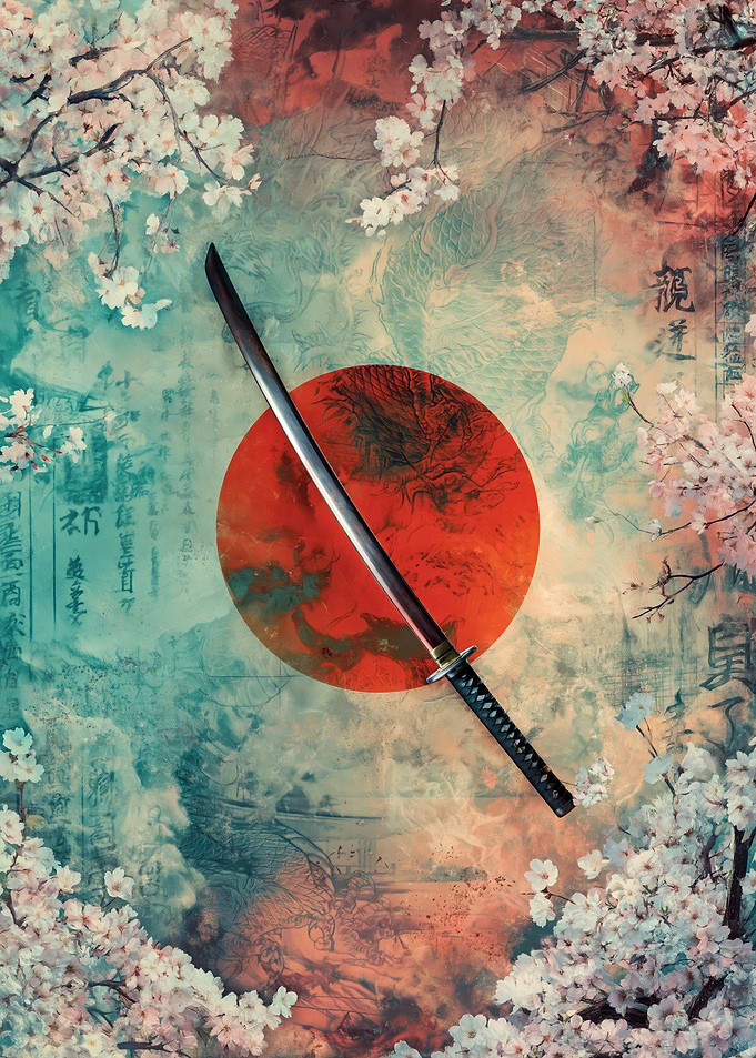 Japanese Katana with Cherry Blossoms and Sun