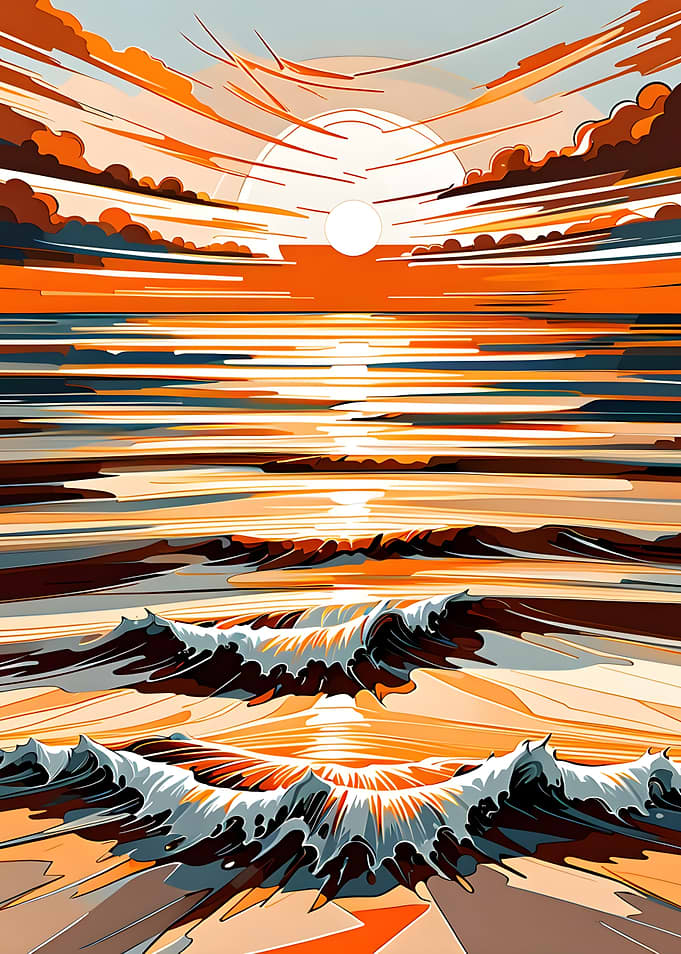 Stylized Sunset Over Ocean Waves