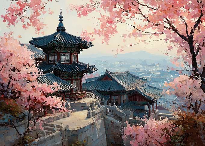 Korean Pagoda Amidst Cherry Blossoms