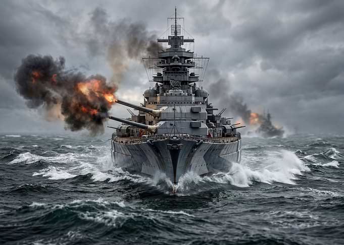 Battleship Firing Guns in Stormy Seas