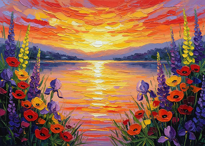 Impressionist Sunset Over Water with Flowers