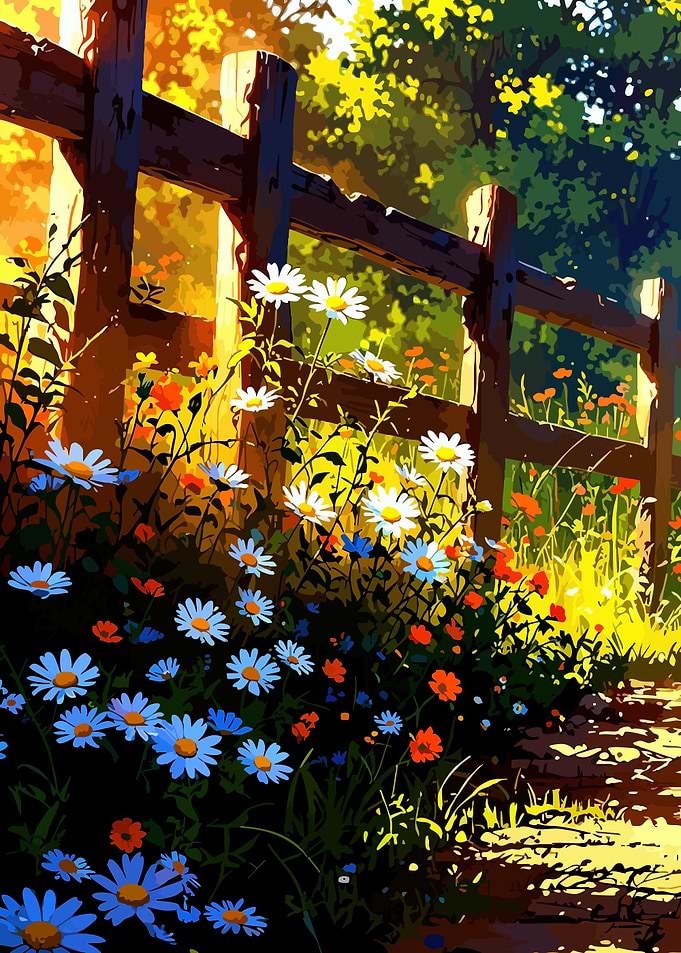Sunny Meadow with Daisies and Fence
