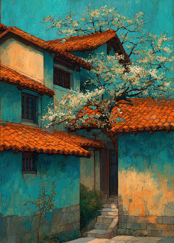 Courtyard with Blooming Tree and Terracotta Roofs