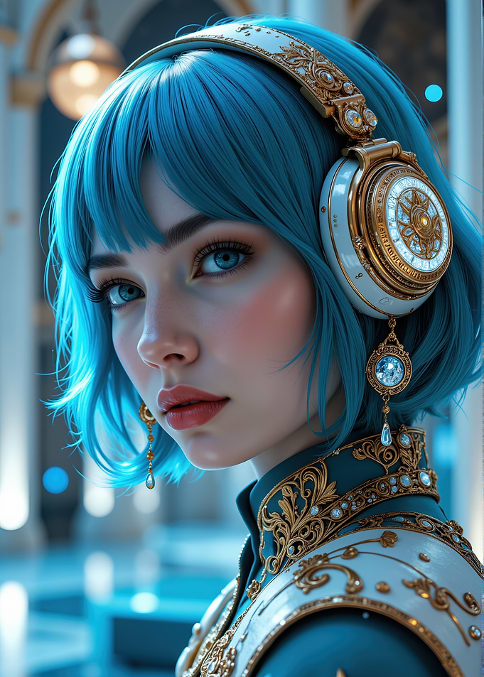 Blue-haired woman with ornate headphones