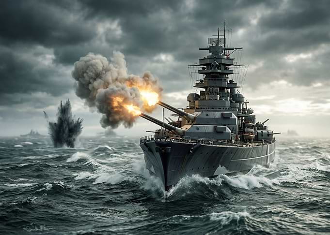 Battleship Firing Guns in Stormy Seas