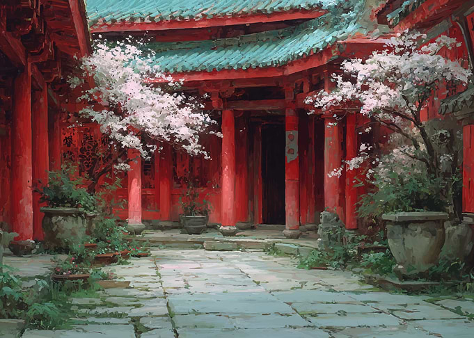 Courtyard with Cherry Blossoms and Red Architecture