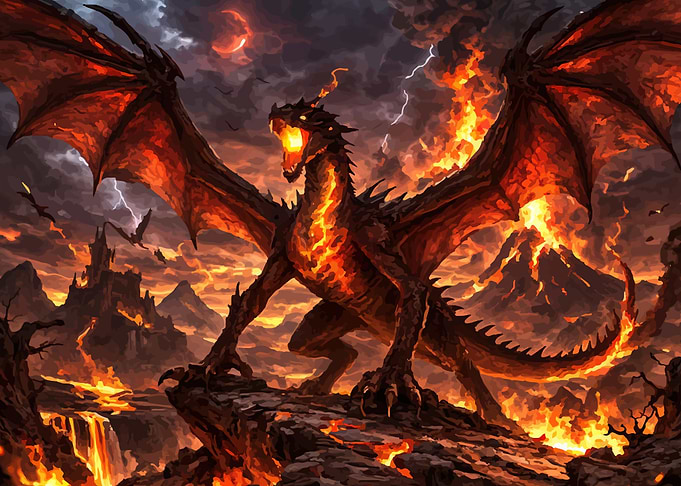 Fiery Dragon Over Volcanic Landscape