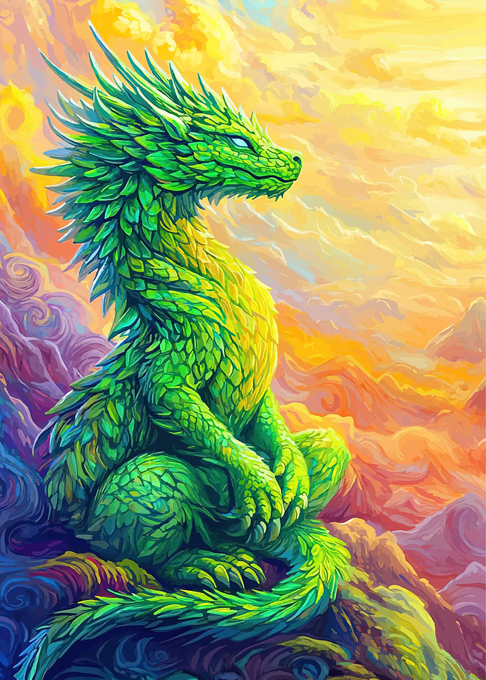 Green Dragon in a Fiery Sky