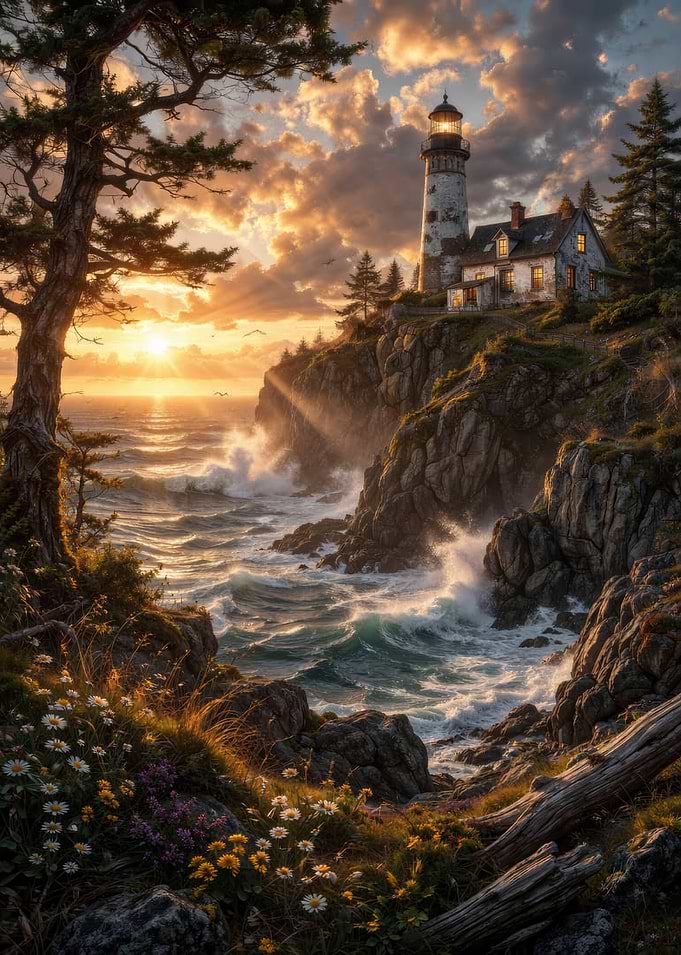 Lighthouse on a Rocky Coast at Sunset
