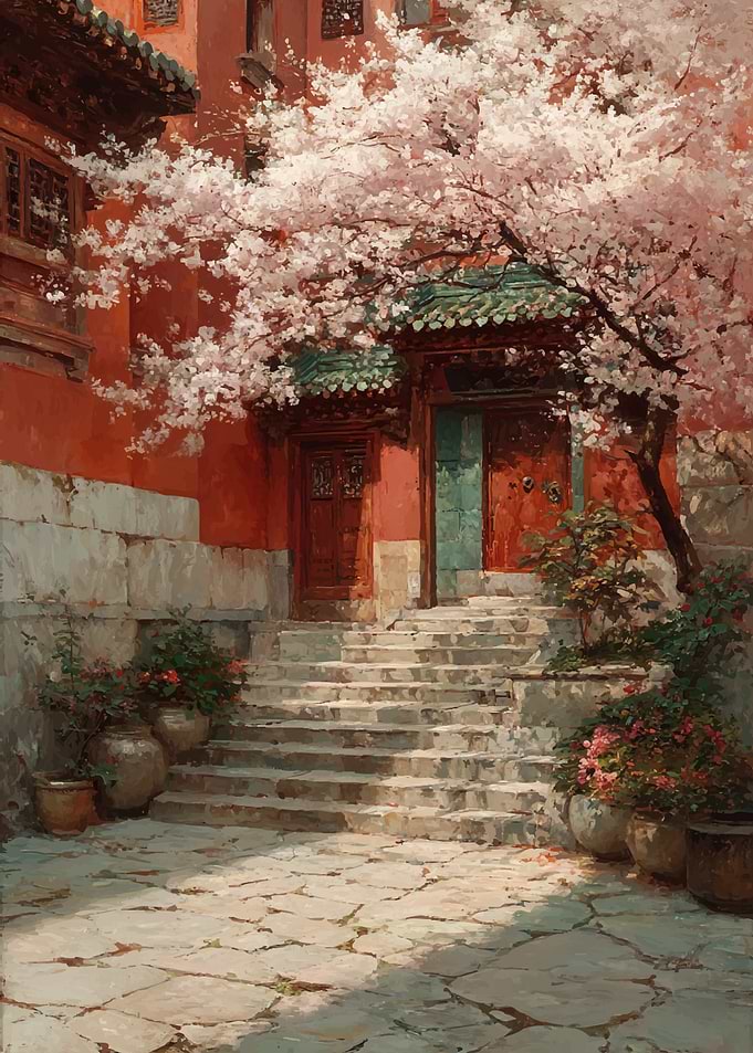Cherry Blossoms Over Ancient Steps