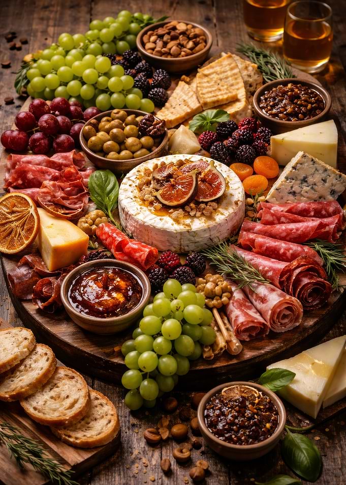 Gourmet Charcuterie Board with Cheese and Fruit