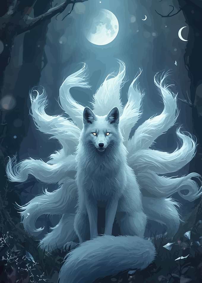 Nine-Tailed Fox in Moonlit Forest