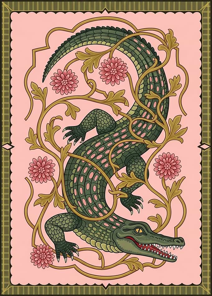 Alligator with Floral Scrollwork