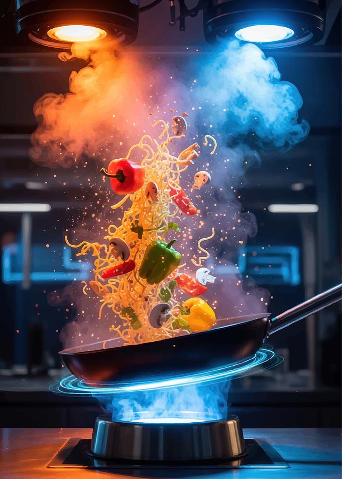 Stir-fry Noodles and Vegetables Exploding